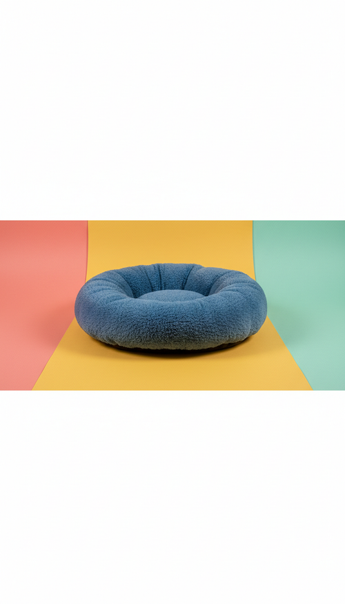 Cama afelpada azul urbano para mascotas, diseño acogedor tipo nido